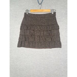 Women's Tiered Ruffle Mini Skirt Tweed Brown Y2K Size 4P Small Career Work